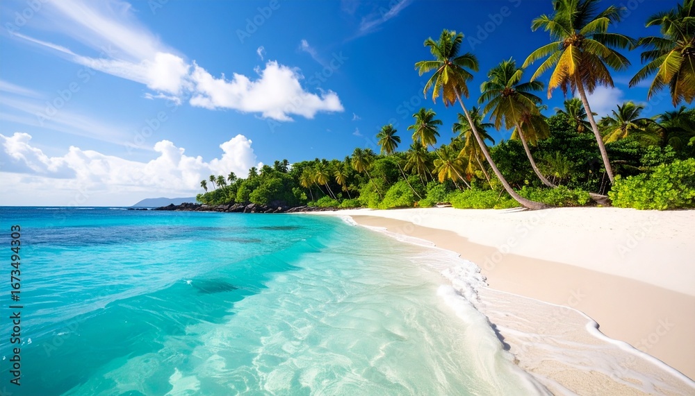 Fototapeta premium Tropical beach scene with turquoise water, white sand, palm trees, and lush green vegetation under a bright blue sky with scattered clouds.