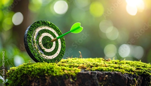 Moss-covered target with arrow, nature backdrop