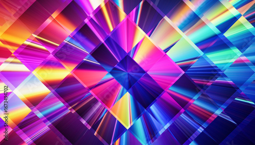 Geometric diamond prism pattern with radiating spectrum lines. Light passes through structured fractal glass and refracted into many colors. Beams extend from the middle combines geometry and clarity