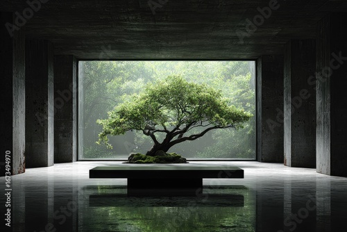 Wallpaper Mural A bonsai tree sits on a low platform in a minimalist, concrete room with a large window showing a lush green forest Torontodigital.ca