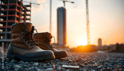 Construction boots are placed on rough gravel ground, with skyscrapers in the blurred background.