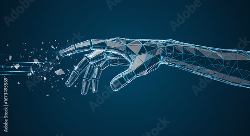 Digital hand made of glass and connected triangles breaking apart. Abstract futuristic concept of artificial intelligence.