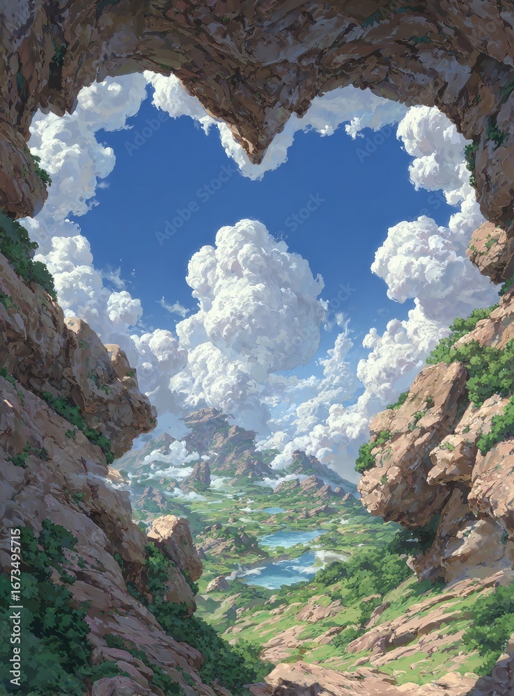 Fototapeta premium Heart-shaped cave opening to a vibrant, cloud-filled sky over a lush landscape