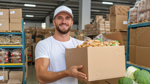 Smiling volunteer holding box food donation warehouse charity community service healthy