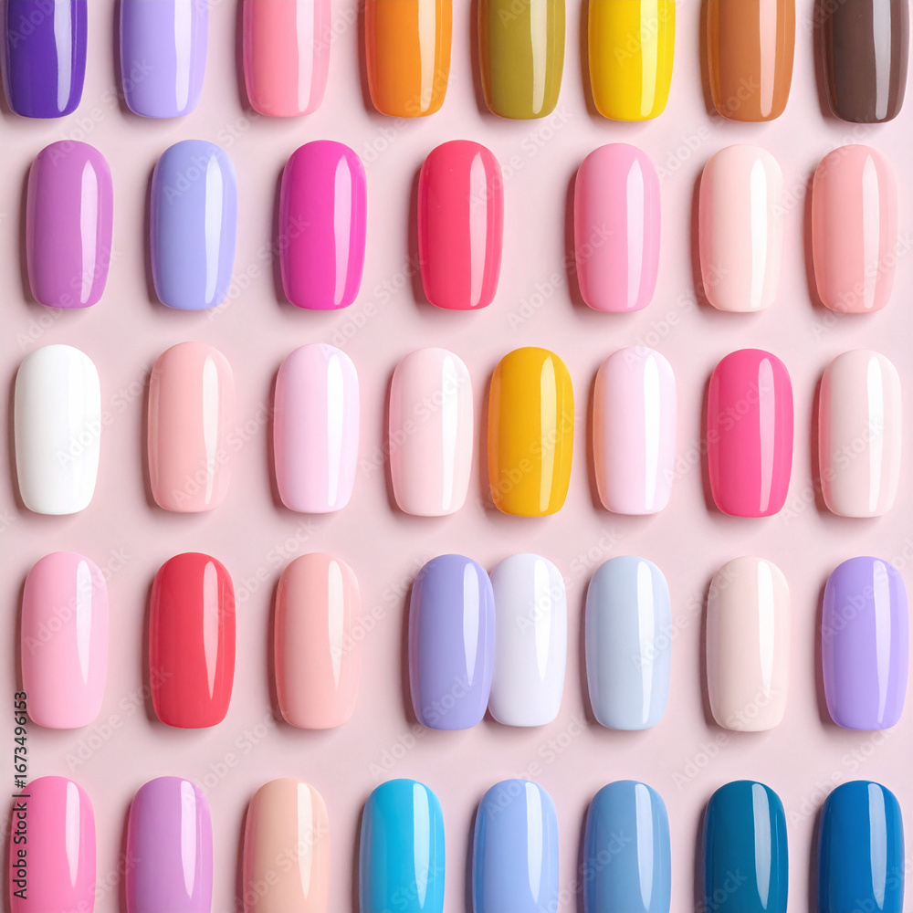 Obraz premium Array of colorful nail polish samples on a pink background. Perfect for beauty blogs, salon ads, and showcasing color variety in cosmetics. Stylish modern.