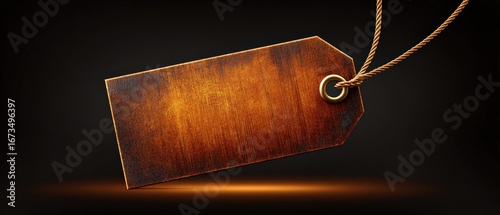 Long Brown Wooden Tag with Rope for Labeling or ing on Dark Background with Lighting Effect
