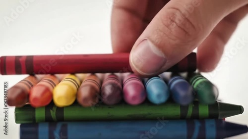 Crayon Stack. Crayons close-up. Hand picking crayon. Colorful stationery detail. School Stationery. Study Tools. Classroom Essentials. Learning Supplies. Creative Desk. Writing Tools. 