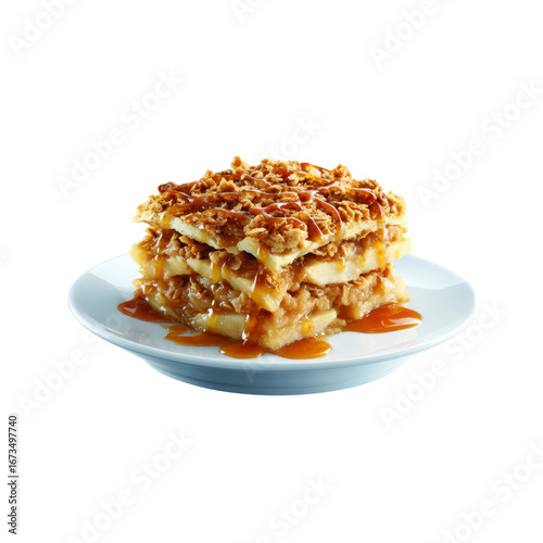 Delicious Caramel Apple Crisp Dessert on White Plate