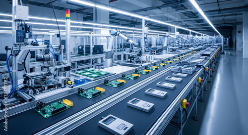 Modern electronics manufacturing assembly line with robotic arms