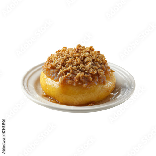 Baked Apple with Crumble Topping on a White Plate