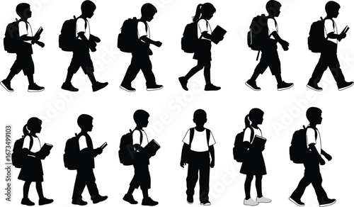Silhouette vector illustration of school children walking with backpacks and books, ideal for educational, academic, and back-to-school designs.