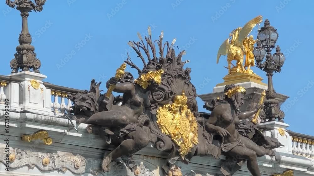Elegant 4K close-up of Pont Alexandre III’s ornate golden sculptures and statues under a clear blue sky. Ideal for travel, luxury, culture, and Parisian landmarks.
