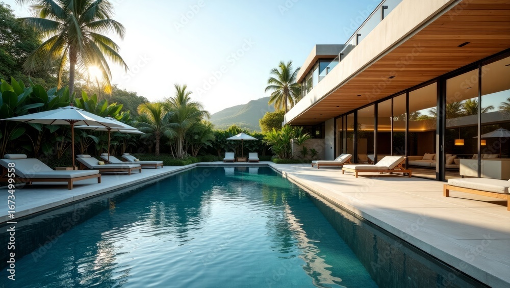 Fototapeta premium Modern villa with pool and palm trees luxury resort