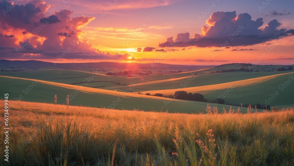 Obraz premium Vivid sunset over rolling hills and lush fields, with vibrant clouds in the sky and a peaceful landscape.