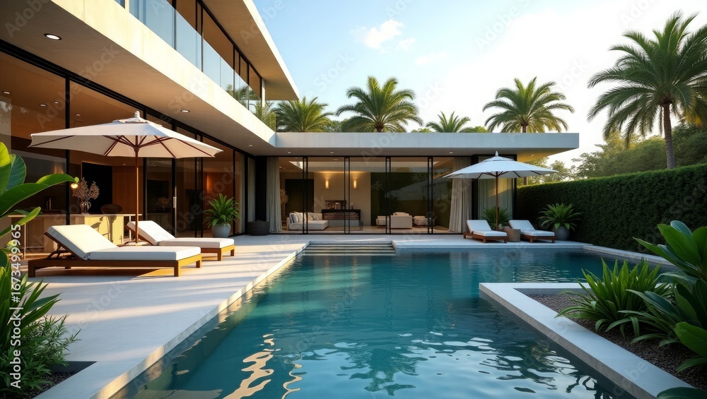 Fototapeta premium Modern villa with swimming pool and palm trees lounge chairs