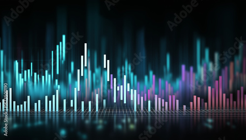 digital audio bar graph with glowing blue and purple lines, representing the growth of online music streaming services. the background is dark to highlight the colorful equalizer bars