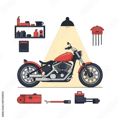 Pixel Art Image Of A Red And Black Motorcycle Under A Light With Various Mechanic Tools And Spare Parts On A Shelf And Floor In A Garage