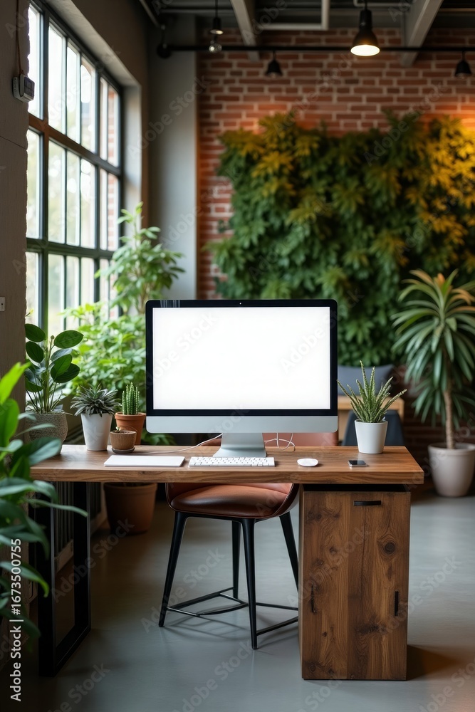Fototapeta premium Modern Workspace With Lush Greenery office desk