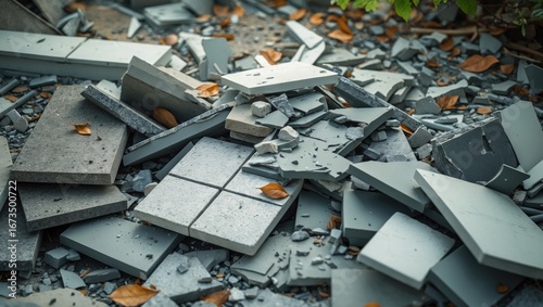 Broken tiles and debris on the ground, with scattered leaves. © Lasvu