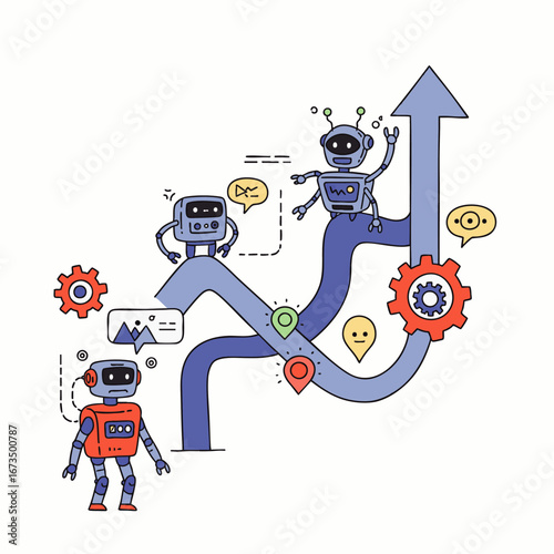 Intelligent robots collaborate on a winding upward path, illustrating digital transformation, strategic growth, and the successful implementation of AI technology.