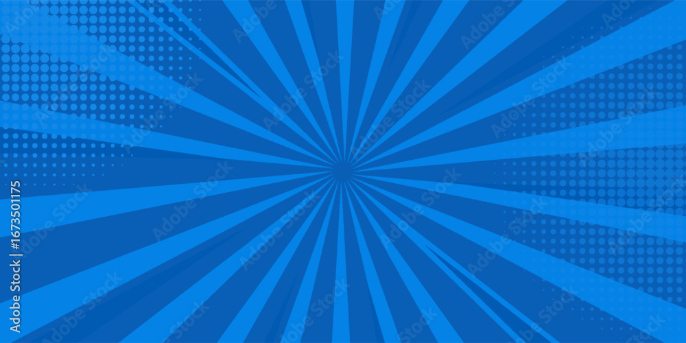 Obraz premium Pop art comic blue background with halftone, rays, gradient. Vector cartoon illustration in retro style. Design for comic book, poster, banner