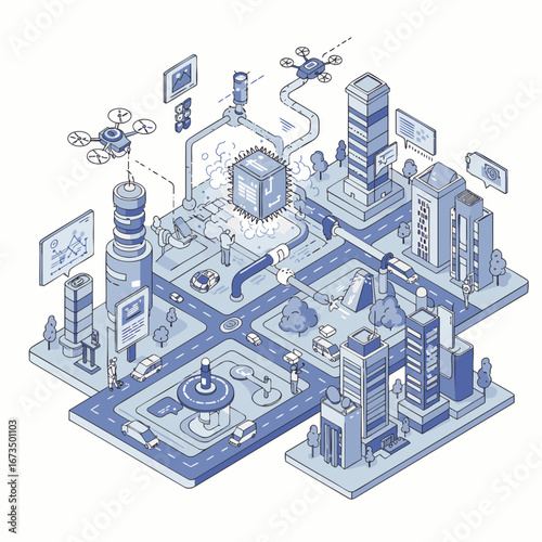 A sophisticated isometric illustration portrays a futuristic smart city, featuring advanced technology, seamless data flow, autonomous vehicles, and drones for urban living.