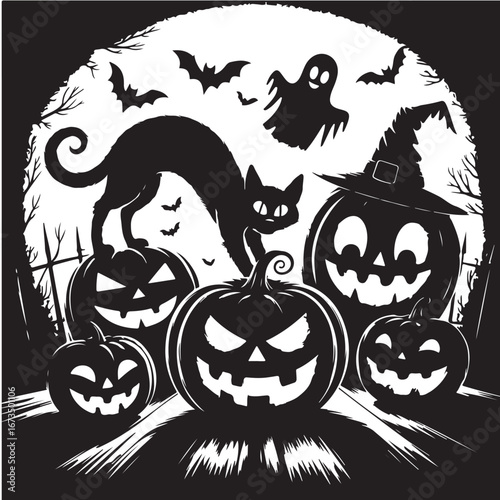 Monochrome Halloween Scene with Black Cat, Jack O Lanterns, Ghost and Bats under Full Moon — Dark Vintage Style