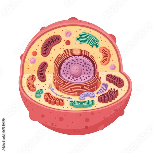 Detailed Pixel Art Illustration of a Cell Structure Showing Organelles with Pink Red and Yellow Color Palette