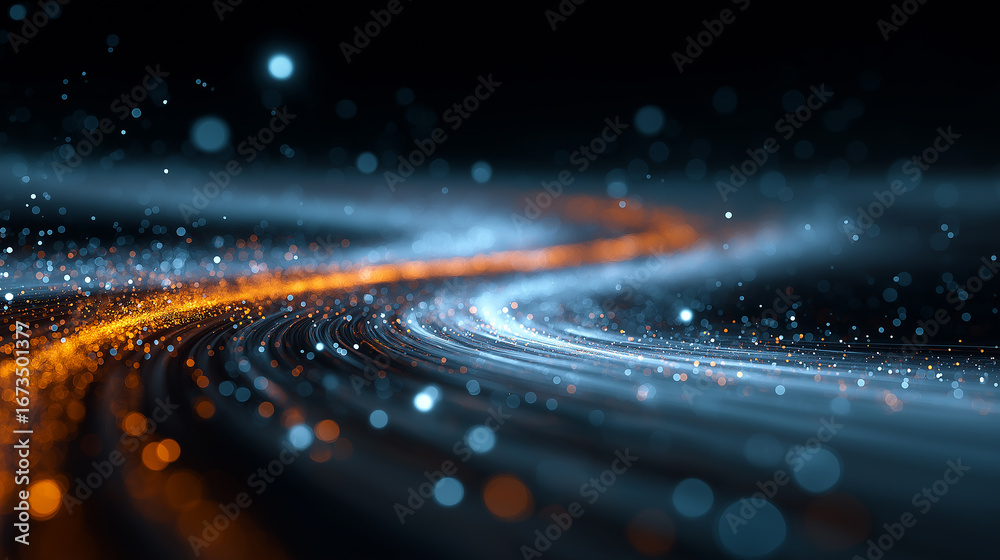 Fototapeta premium A futuristic digital highway of data streams, glowing with vibrant blue and orange lights against the dark background. The road leads to distant stars or galaxies