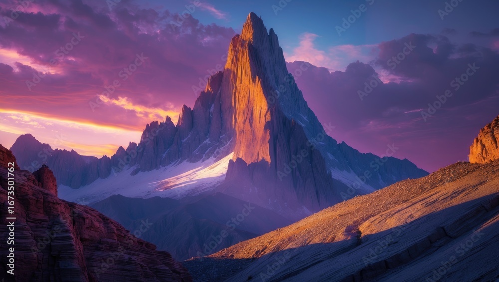 Fototapeta premium Mountain landscape with a prominent peak during sunrise or sunset, featuring dramatic lighting and vibrant sky colors.