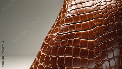 Close-up of brown crocodile leather with textured pattern and shiny surface.
