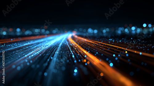 A futuristic digital highway of data streams, glowing with vibrant blue and orange lights against the dark background. The road leads to distant stars or galaxies