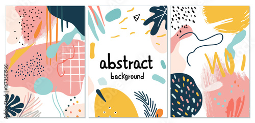 A set of colorful abstract backgrounds with brush strokes and leaves vector design. Variety of colorful abstract backgrounds with brush strokes and botanical elements, ideal for art projects