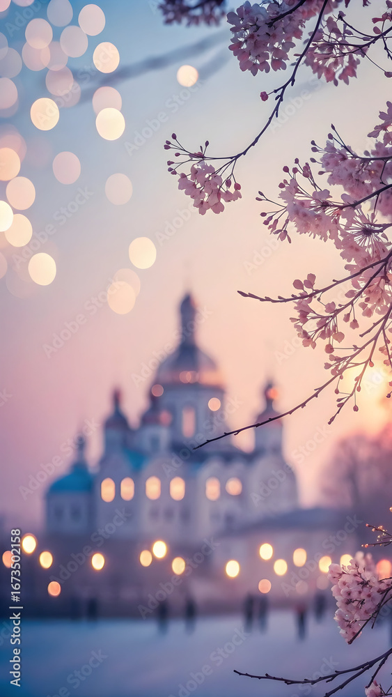 Fototapeta premium Cherry blossoms and bokeh lights in front of a blurred pastel building full hd 4k stock image download