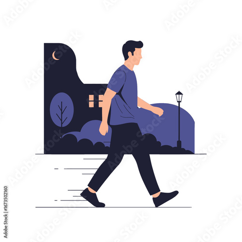 Man Walking in City at Night with Moon Silhouette Landscape Minimalist Graphic Design
