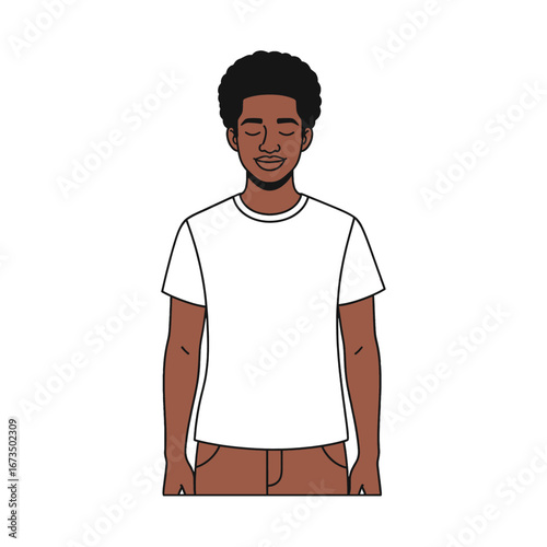 Portrait of a Smiling Young Man with Afro Haircut in a White T-Shirt and Brown Pants Against a Plain Background