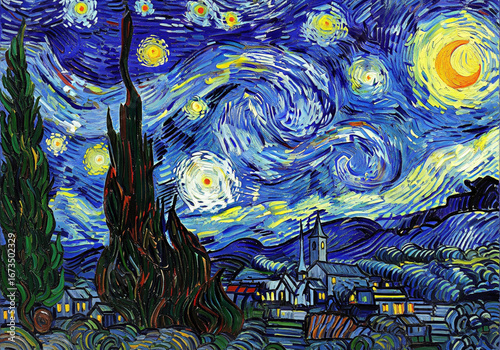 Painting of Starry Night Sky over Town with Cypress Trees