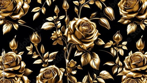 Elegant seamless pattern with golden roses and lilies, luxury metallic effect, dark black background