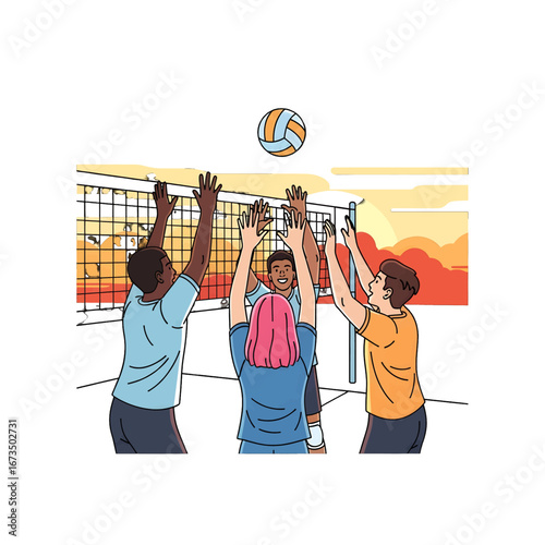 Diverse Group Playing Volleyball At Beach With Orange Sky and Net Structure Dynamic Team Sport Activity Illustration