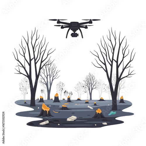 Pixel Art Scene of Drone Flying Over Deforested Area with Tree Stumps on Barren Landscape Featuring Vintage Computer Graphics