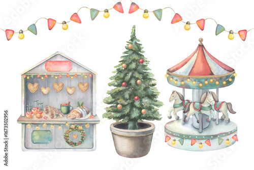 Festive market stall, merry-go-round carousel, Christmas tree, garland with flags and lights. Hand-painted watercolor illustration isolated on white for greeting cards, posters, invitations, postcards