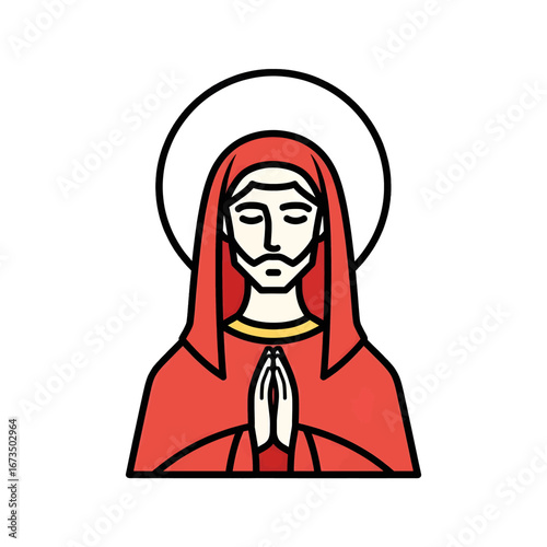 Pixel Art Graphic of a Saint Figure with Halo Praying with Hands Folded Wearing Red Robe on White Background