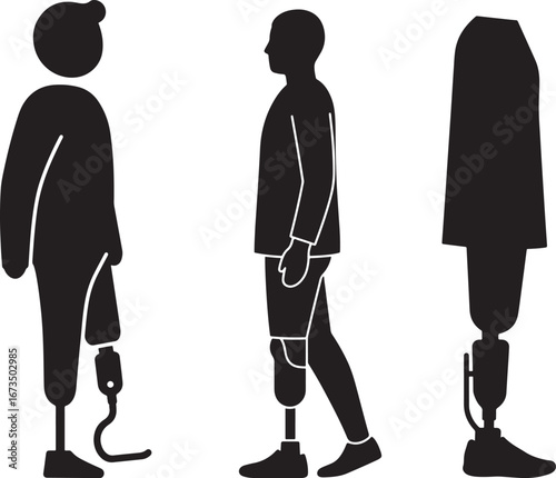 Three diverse human silhouettes with prosthetic legs isolated on white background silhouette