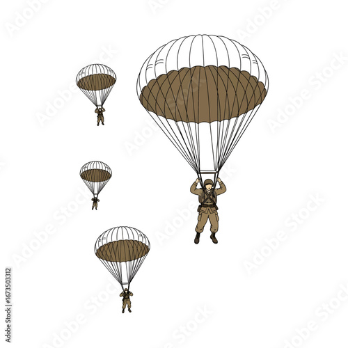 Group of Parachuters Descending With Brown Parachutes Against White Background in an Aerial Display of Skill and Precision