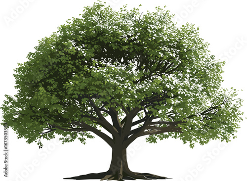 Large Green Tree with Wide Canopy, Isolated on White Background, Natural Forest Element, Summer Foliage, Eco Nature Symbol Illustration