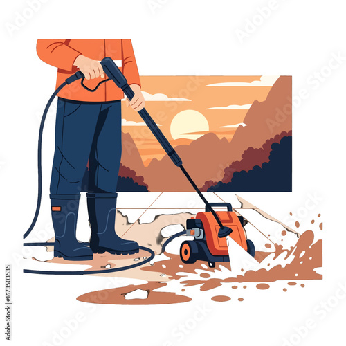 Person Using Orange Pressure Washer to Clean Exterior Surface with Mountain Sunset Background in Flat Cartoon Illustration Style