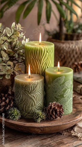 Wallpaper Mural Three green pillar candles with leaf carvings sit on a wooden tray, surrounded by pine cones and greenery Torontodigital.ca