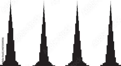 Four identical abstract geometric tower silhouettes isolated on white background