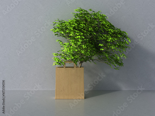 Sustainable tree in paper bag 3d render with symbolic green concept