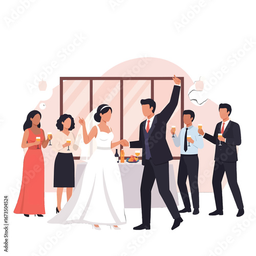 Joyful Wedding Celebration with Dancing Bride and Groom in Festive Gathering with Guests and Tables of Drinks and Foods